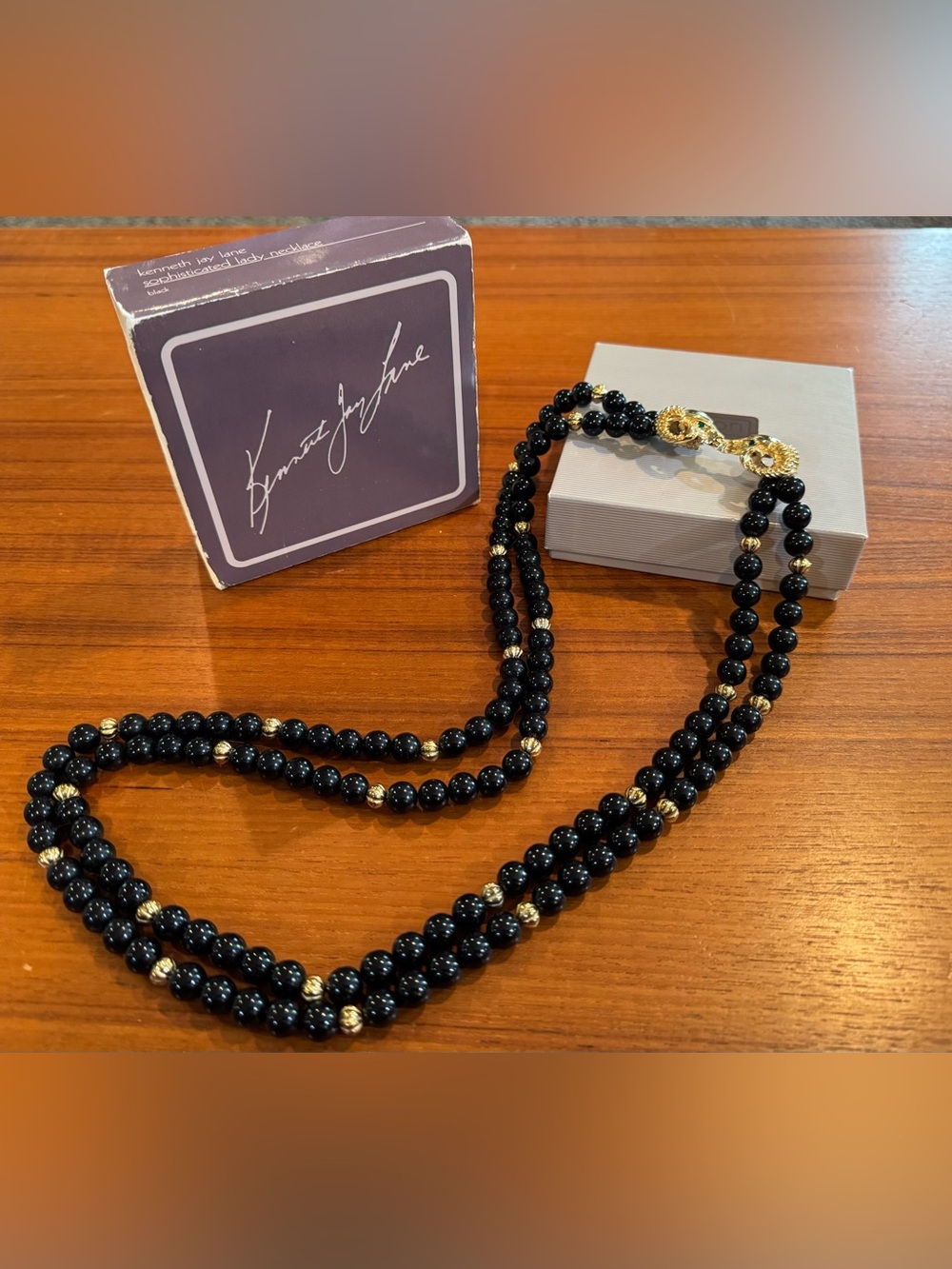 Vtg. Kenneth Jay Lane-KJL for Avon-Black/Gold Beaded Necklace, Ram’s Head Clasp